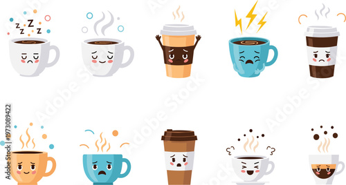 Cute Coffee Cups with Funny Facial Expressions Showing Different Emotions and Moods in Cartoon Style Illustration Set for Cafe and Beverage Design.