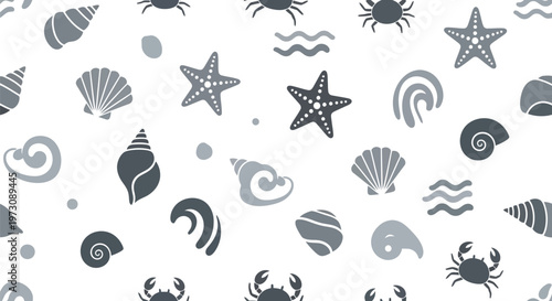 Seamless marine vector pattern with seashells, starfish, and crabs in monochrome style