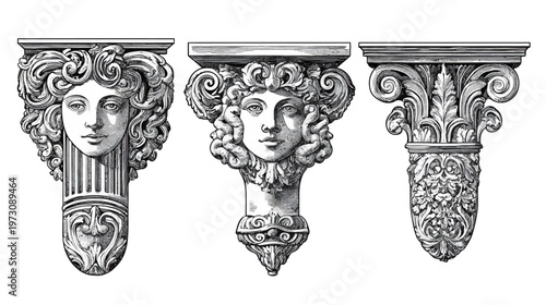 Three classical architectural details in grayscale, including faces and floral carvings