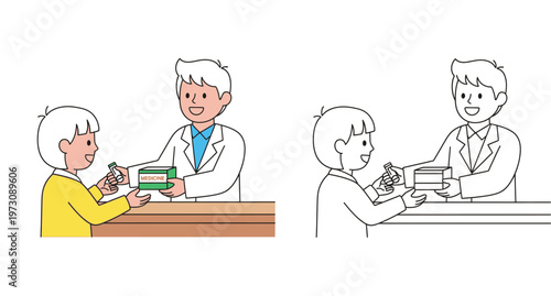 Friendly Pharmacist Handing Medicine to Young Customer at Counter Color and Outline Vector Illustration