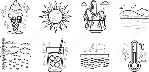 Illustrated collection of simple objects and creatures in black and white line art Vector