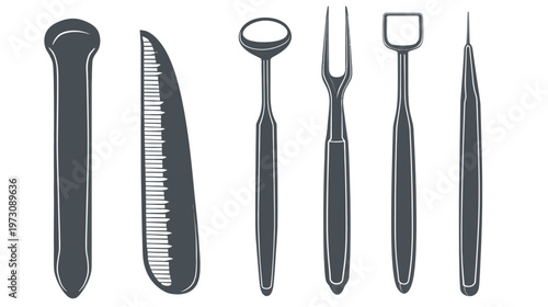 Stylized, grayscale illustration featuring a row of medical and surgical instruments