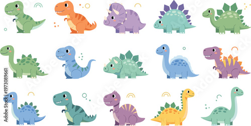 Cute Cartoon Dinosaurs Collection with Different Species and Colors in Fun Prehistoric Animal Characters Illustration Set for Kids Education and Design.