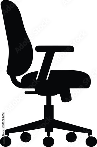 Minimal vector silhouette, office chair swivel chair side view, ergonomic seat with wheels and armrests, solid black, isolated on white background.