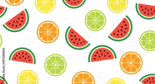 Seamless Summer Fruit Vector Pattern with Watermelon, Orange, Lemon, and Lime Slices