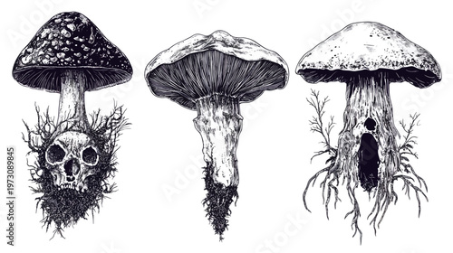 Three stylized fungi illustrations with varied caps, detailed stems, and macabre, earthy elements