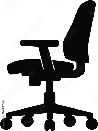 Minimal vector silhouette, office chair swivel chair side view, ergonomic seat with wheels and armrests, solid black, isolated on white background.