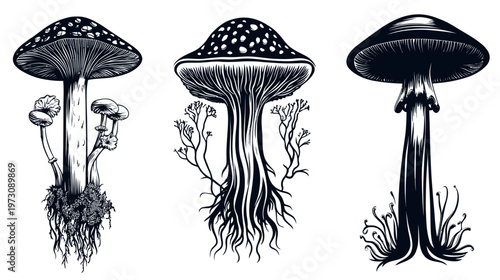Monochrome illustration of three fungi with intricate details, varying forms, and complex root systems