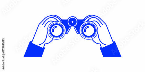 A pair of blue binoculars held by two hands simple line art