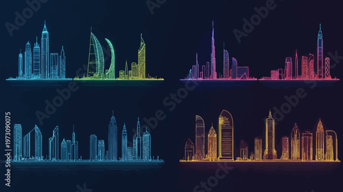 Four digital art panels depicting colorful outlines of city skylines at night, with dark backdrop