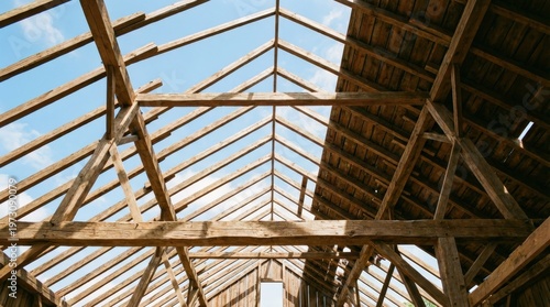 Wooden roof frame under construction.