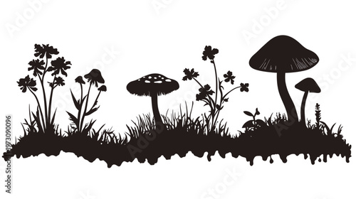 Silhouetted illustration of a forest floor with mushrooms, grass, and various plant life