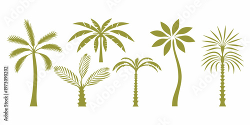 A collection of stylized green palm trees in varying shapes and heights