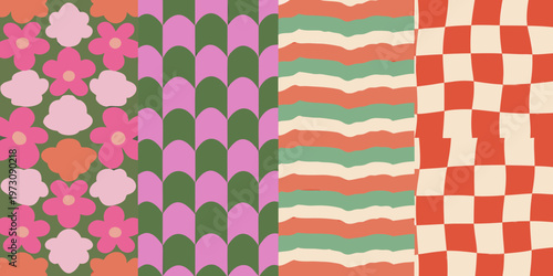 A colorful pattern compilation featuring floral wavy and checkerboard designs