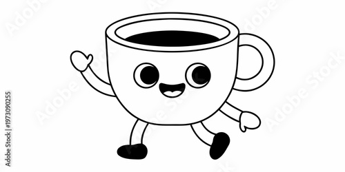 A cheerful cartoon coffee cup character is happily walking along