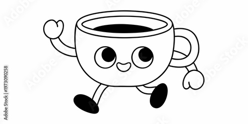 A cheerful cartoon coffee cup appears to be running with legs