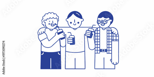 Three friends enjoying drinks together in a simple blue line art style