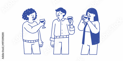 Three people enjoying drinks and conversation in a minimalist illustration
