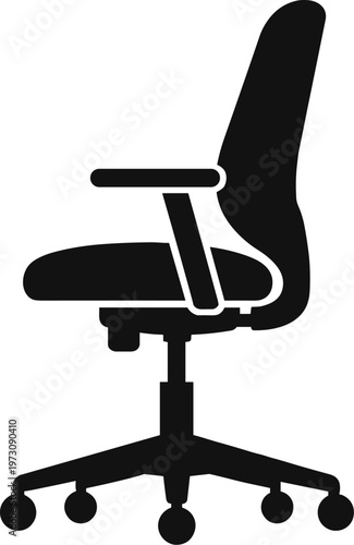 Minimal vector silhouette, office chair swivel chair side view, ergonomic seat with wheels and armrests, solid black, isolated on white background.