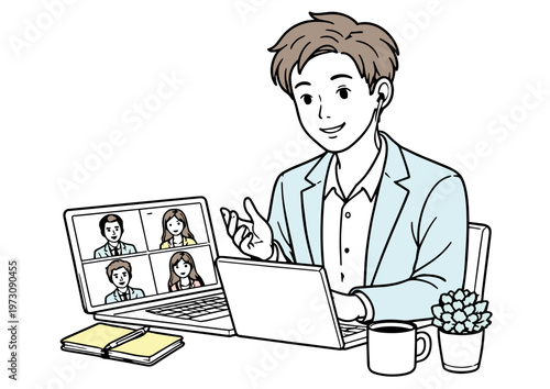 オンライン会議に参加する若い男性