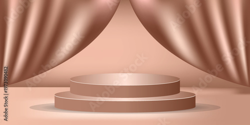 Elegant stage presentation with peach colored drapes and pedestal platform for product display