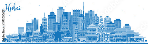Outline Hubei Province in China. City Skyline with Blue Buildings. Illustration. Tourism Concept with Historic Architecture. Hubei Cityscape with Landmarks. Wuhan. Xiaogan.