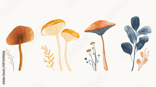 Watercolor illustration featuring diverse mushrooms and foliage in autumnal tones. A minimalist design with a clean white background