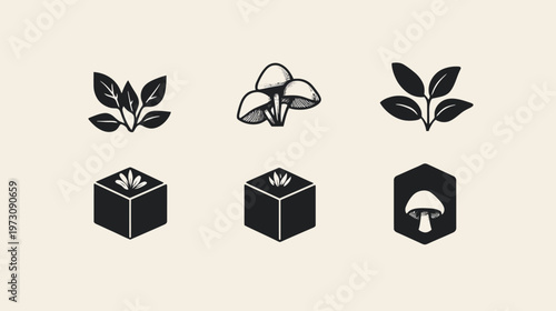 Six elegant black-and-white icons of plants and fungi on a light beige backdrop