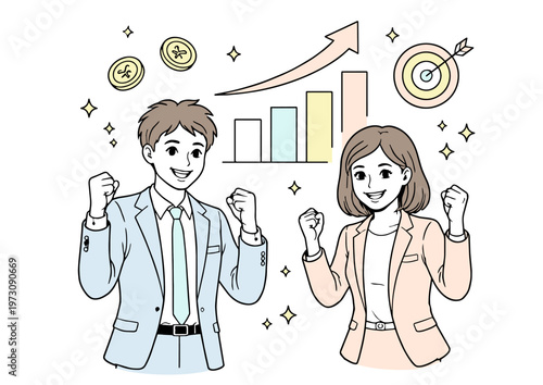 ビジネス成功を喜ぶ若い男女のイラスト