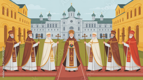 Group of clergy in traditional robes standing in front of a large white church building with green domes and yellow wings on either side
