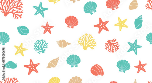 Seamless Summer Beach Vector Pattern with Seashells, Starfish, Coral in Pastel Colors