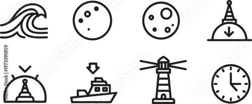A collection of eight black and white line icons representing different themes Vector