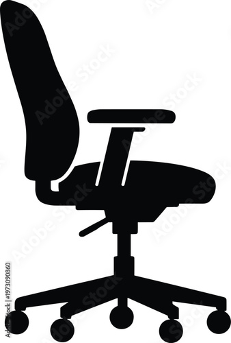 Minimal vector silhouette, office chair swivel chair side view, ergonomic seat with wheels and armrests, solid black, isolated on white background.