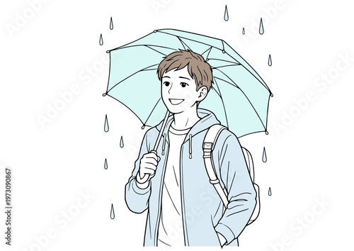 雨の中で微笑む青年