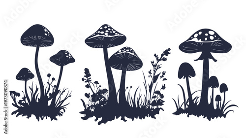 Dark monochrome silhouettes of mushrooms and flora. Graphic representation. Textured. Forest scene. White background