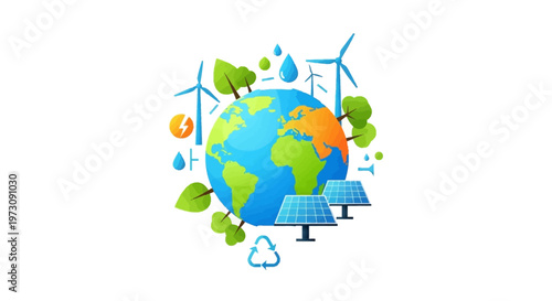 A vibrant vector illustration shows the Earth adorned with trees, wind turbines, solar panels, and water droplets, symbolizing sustainable development and environmental consciousness