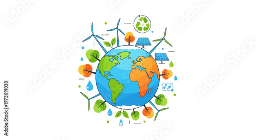 Stylized vector illustration of planet Earth surrounded by wind turbines, solar panels, trees, and recycling symbols, representing sustainable development and environmental protection