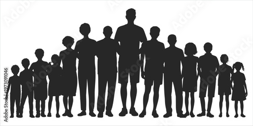 Diverse group of people of varying heights standing together in silhouette on white Keywords: group, people, silhouette, family, children
