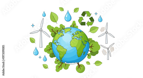 A cheerful, cartoon-style illustration celebrates Earth Day with a globe surrounded by recycling symbols, water droplets, and trees, set against a clean white background to promote