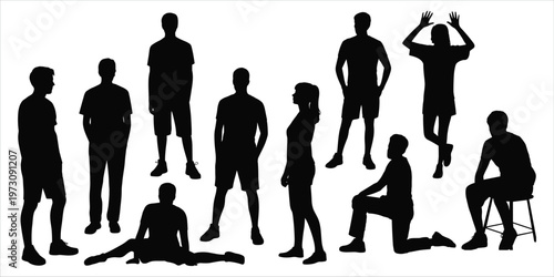 Diverse group of people silhouettes in various active and relaxed poses on white background Keywords: silhouette, people, group, man, woman