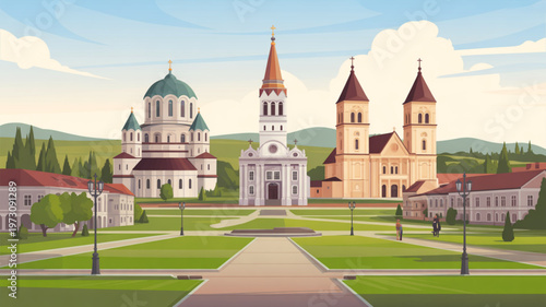 Serene university campus with historic buildings and green lawns under a blue sky with white clouds