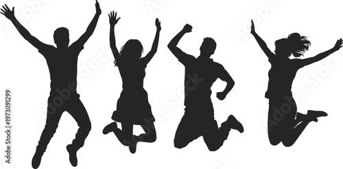 Silhouettes of four joyful people jumping in the air with arms raised celebration