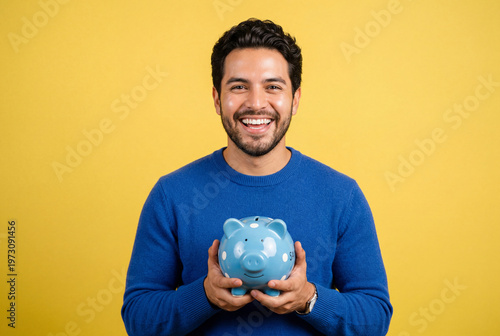 Happy young man holding a blue piggy bank on yellow background