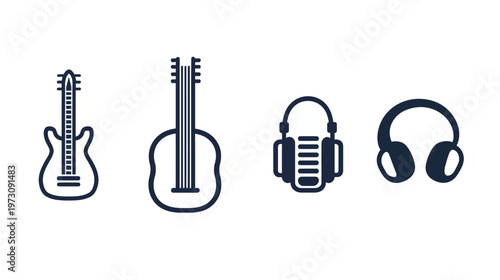 A collection of four musical symbols electric guitar, acoustic guitar, microphone, and headphones