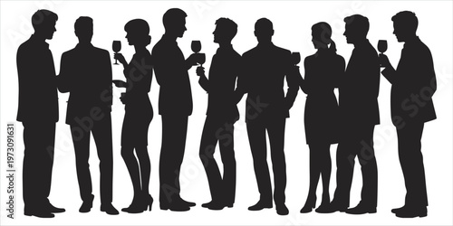 Group of people in silhouette holding wine glasses at a social gathering on white Keywords: group, people, silhouette, social, gathering