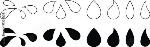 water drop icons set, droplet silhouette clipart isolated on white background. 