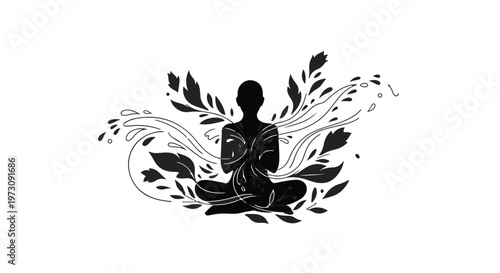Silhouette of a person meditating surrounded by flowing organic elements