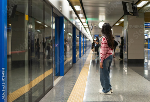 Asian child or kid girl waiting sky train or electric train with underground railways or young people wearing jeans in metro subway on railway station or platform in street city for transport travel