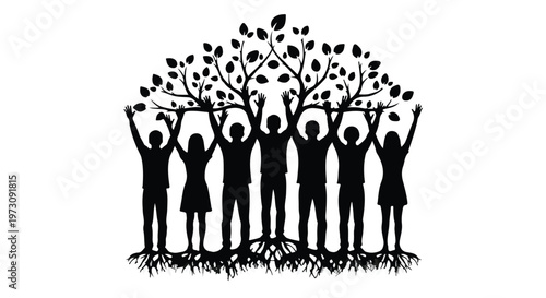 Diverse group of people holding up a vibrant tree, symbolizing unity and growth