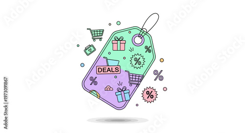 Colorful shopping tag with gifts.